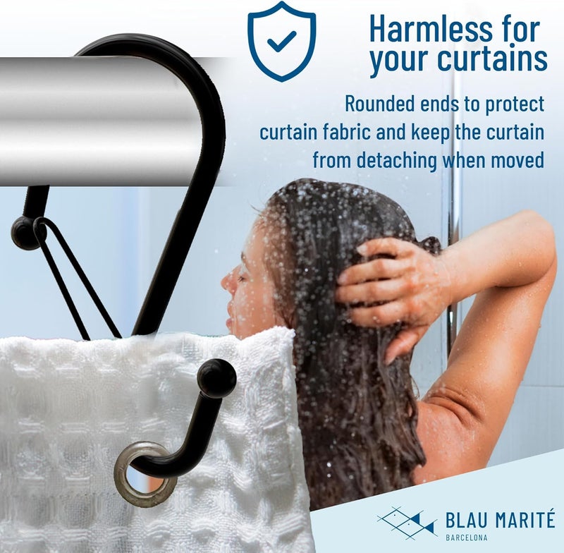 Blau Marité Set of 12 Black Metal S Hook Shower Hooks 1” – Closed, Heavy Duty, Long Decorative Shower Curtain Hooks, Easy Glide, Buckle, Large Rust Resistant Rings for Bathroom Rods (Black, S) - Image 4